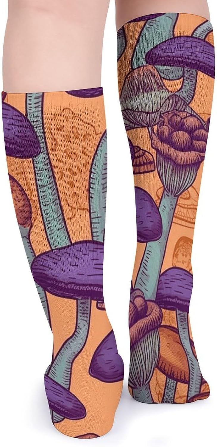 Breathable Crew Sock, Moisture Wicking, Athletic Calf Socks, Cozy | Hippie Art Mushrooms Compression Socks for Women Men, Lightweight High Work Socks for Business, Casual