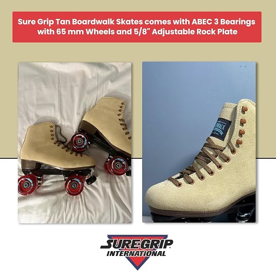 Sure-Grip Tan Boardwalk Outdoor Roller Skates for Men & Women | Made in USA and Imported - 65mm Wheels with Nylon Sole Material - ABEC 3 Bearings with 5/8 Adjustable Rubber Stoppers