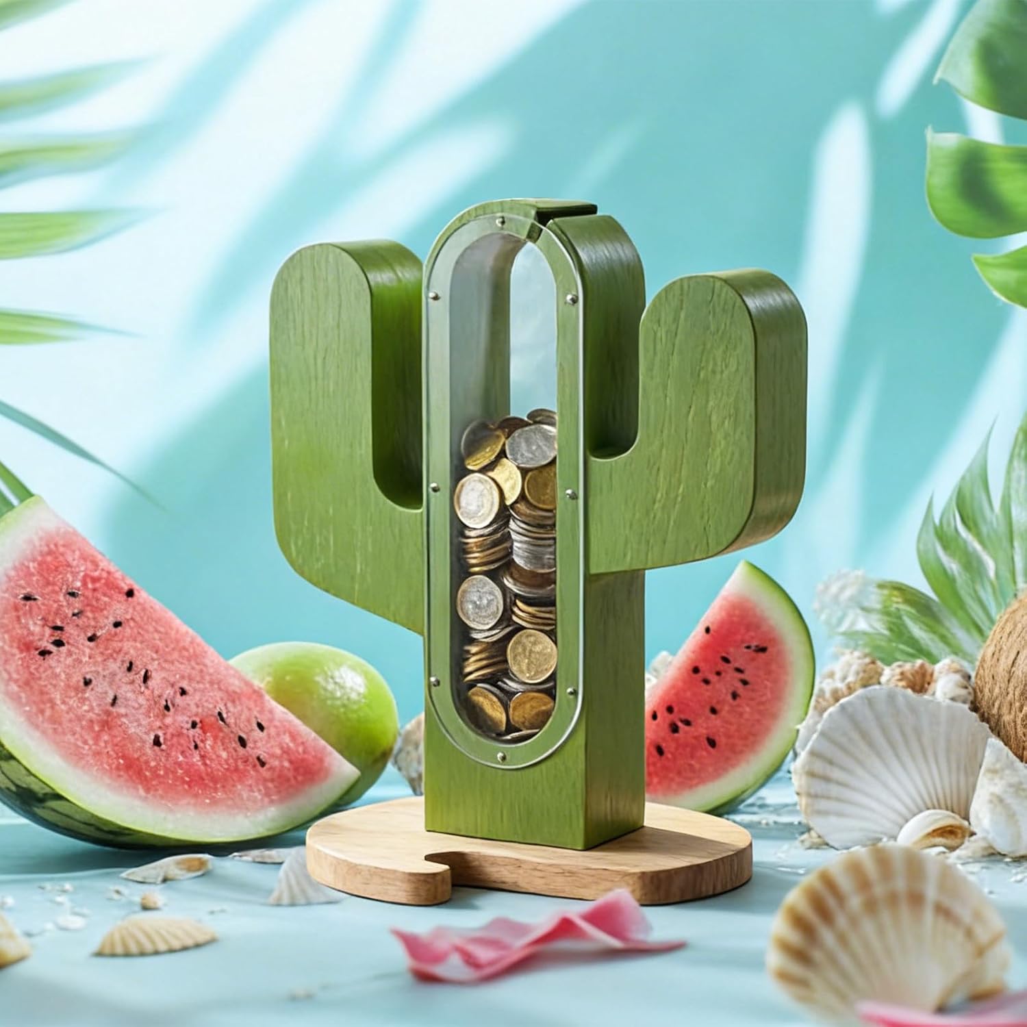 LemonRoad Cactus Shaped Piggy Bank 12 Inch Western Wooden Money Box with Transparent Acrylic Window, Decorative Rustic Savings Coin Bank for Adults & Unique Gift Idea Summer Home Decor