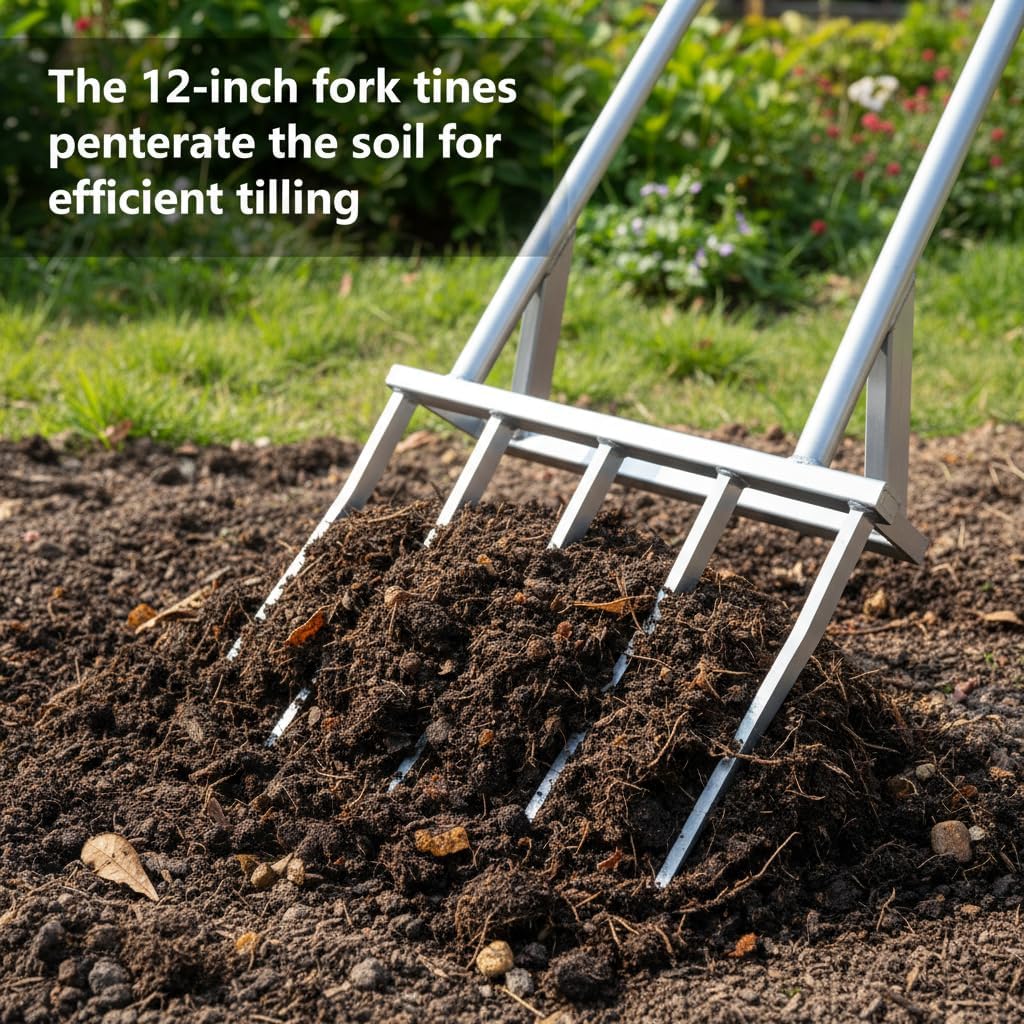 5-Tine Heavy Duty Broadfork, Rust-Resistant Professional Garden Fork with Widened Foot Pedal, High-Strength All-Steel Soil Tiller for Aerating Clay Soil, Easy Assembly Tool for Farming