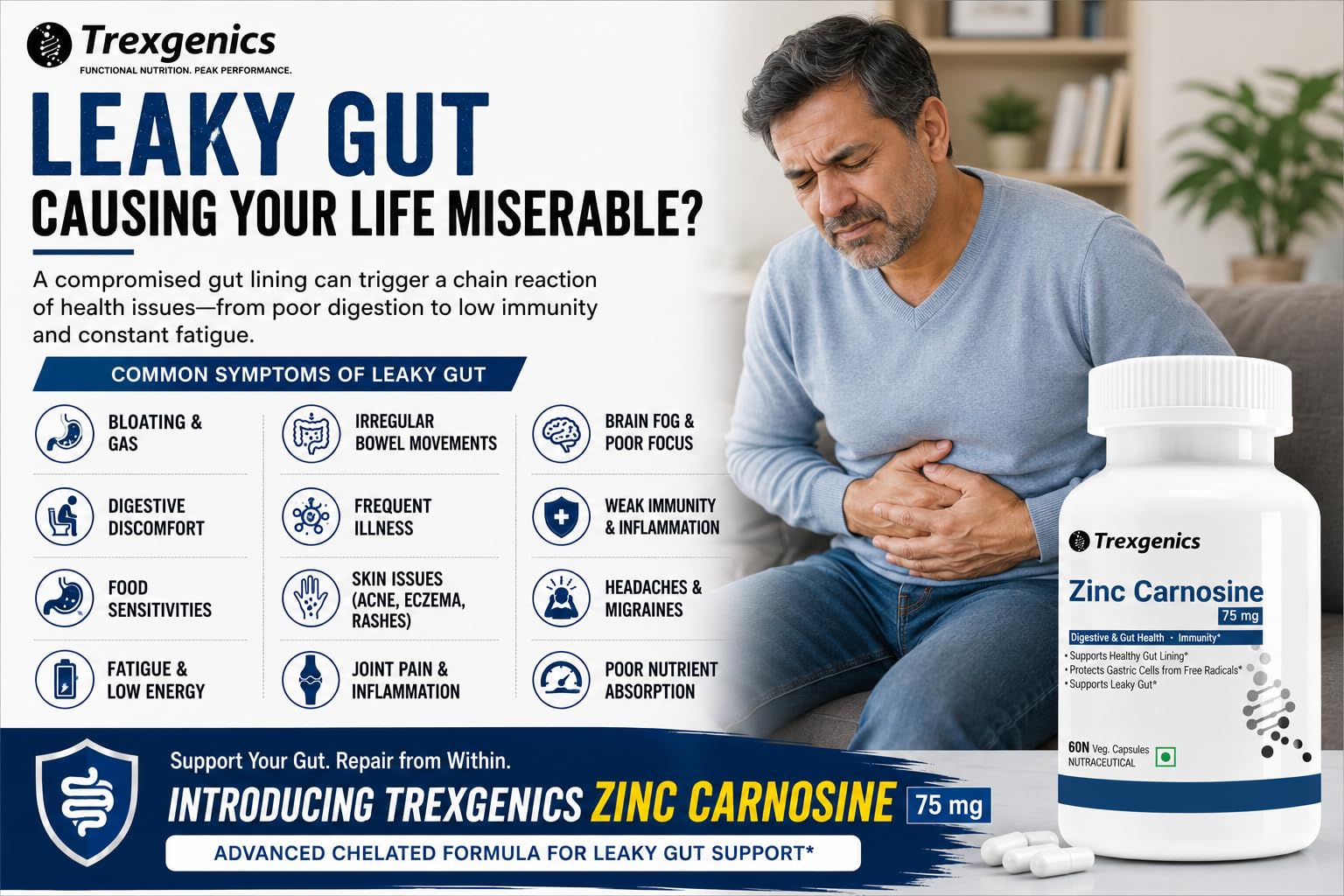 Trexgenics ZINC CARNOSINE Digestive & Gut Health, Ulcer Care, Immunity, Leaky Gut Support (60 Veg Capsules) — Amazon image 3