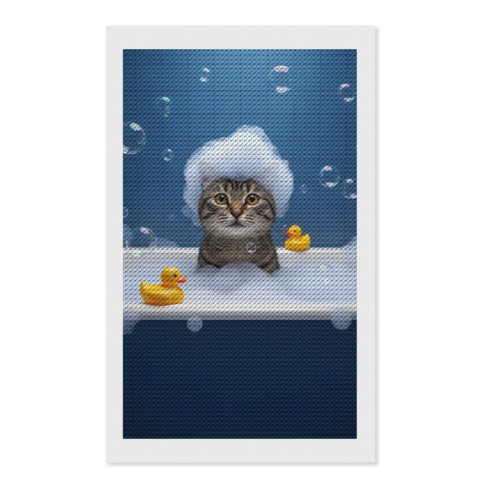 Junmoney Cat in Bathtub with Bubbles Diamond Art Canvas 12"x20", for Adults, Pleasing Wall Art Project, Modern Decor, Gift Idea, Nice Detail and Sparkle