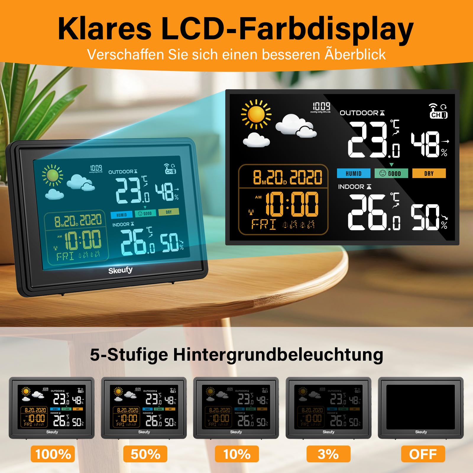 Skeufy Station météo radio avec capteur extérieur, température intérieure/extérieure, humidité, baromètre, écran couleur, prévisions