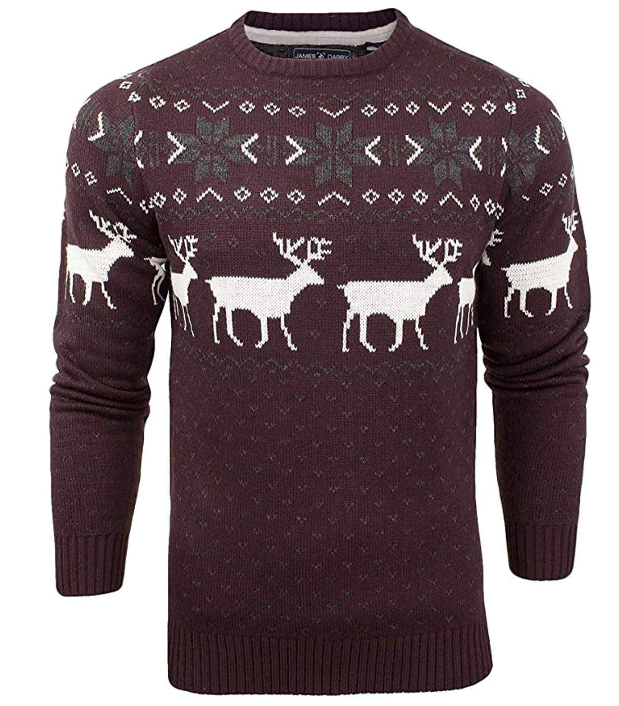 Soulstar Men's Burgundy_fallow_crew James Derby Christmas Jumper Xmas/Reindeer Stag Nordic Stag Festive Christmas Xmas Jumper (, S)