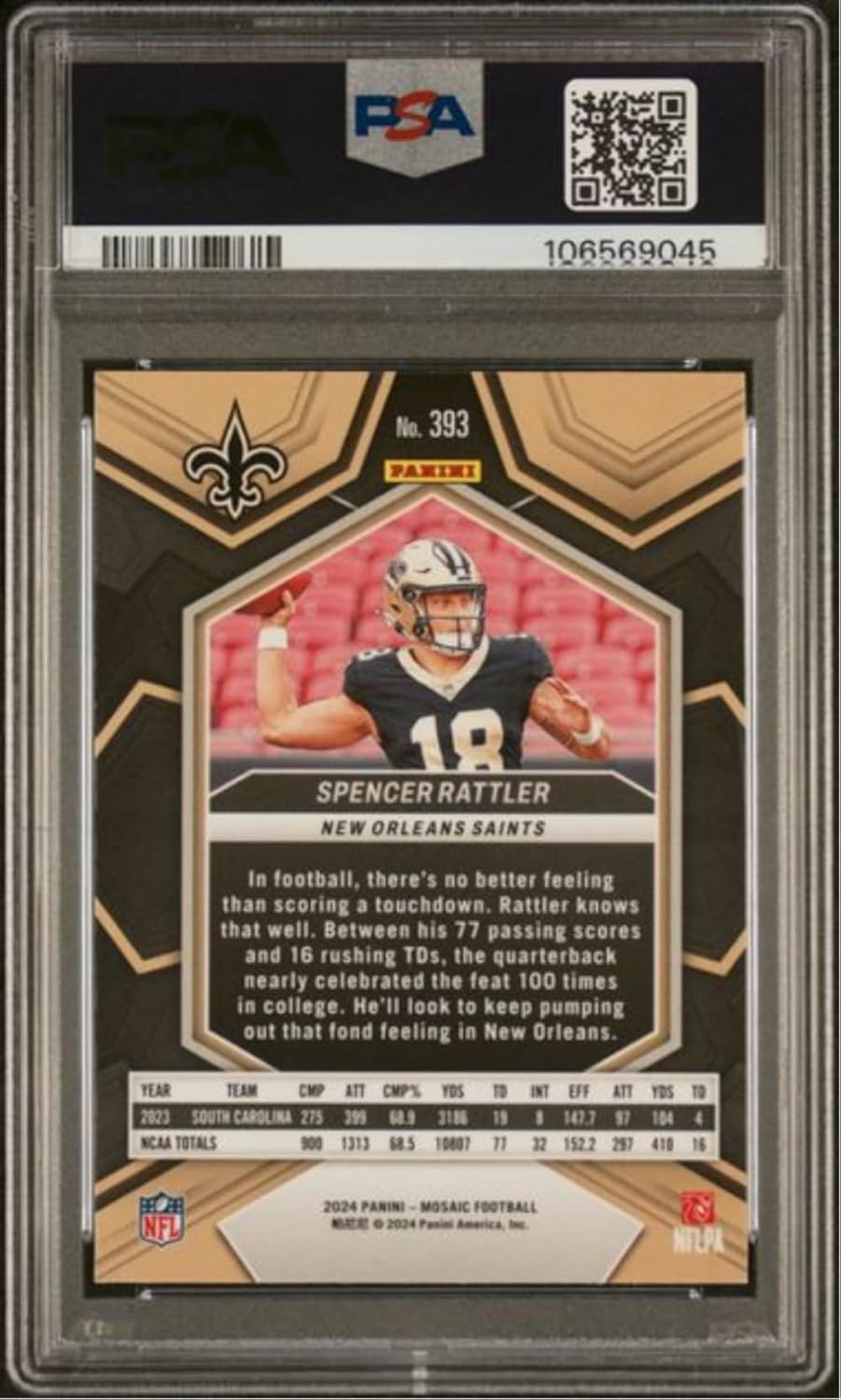 Graded 2024 Panini Mosaic Spencer Rattler #393 Rookie RC Football Card PSA 10 Gem Mint