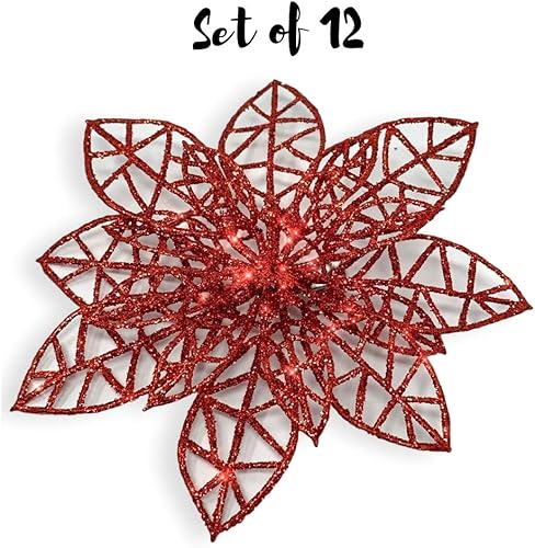 Miniatura 2 de Adornos de flor de pascua roja con clip, decoraciones navideñas, paquete de 12 flores de pascua con purpurina con clips de metal, cada flor mide 5