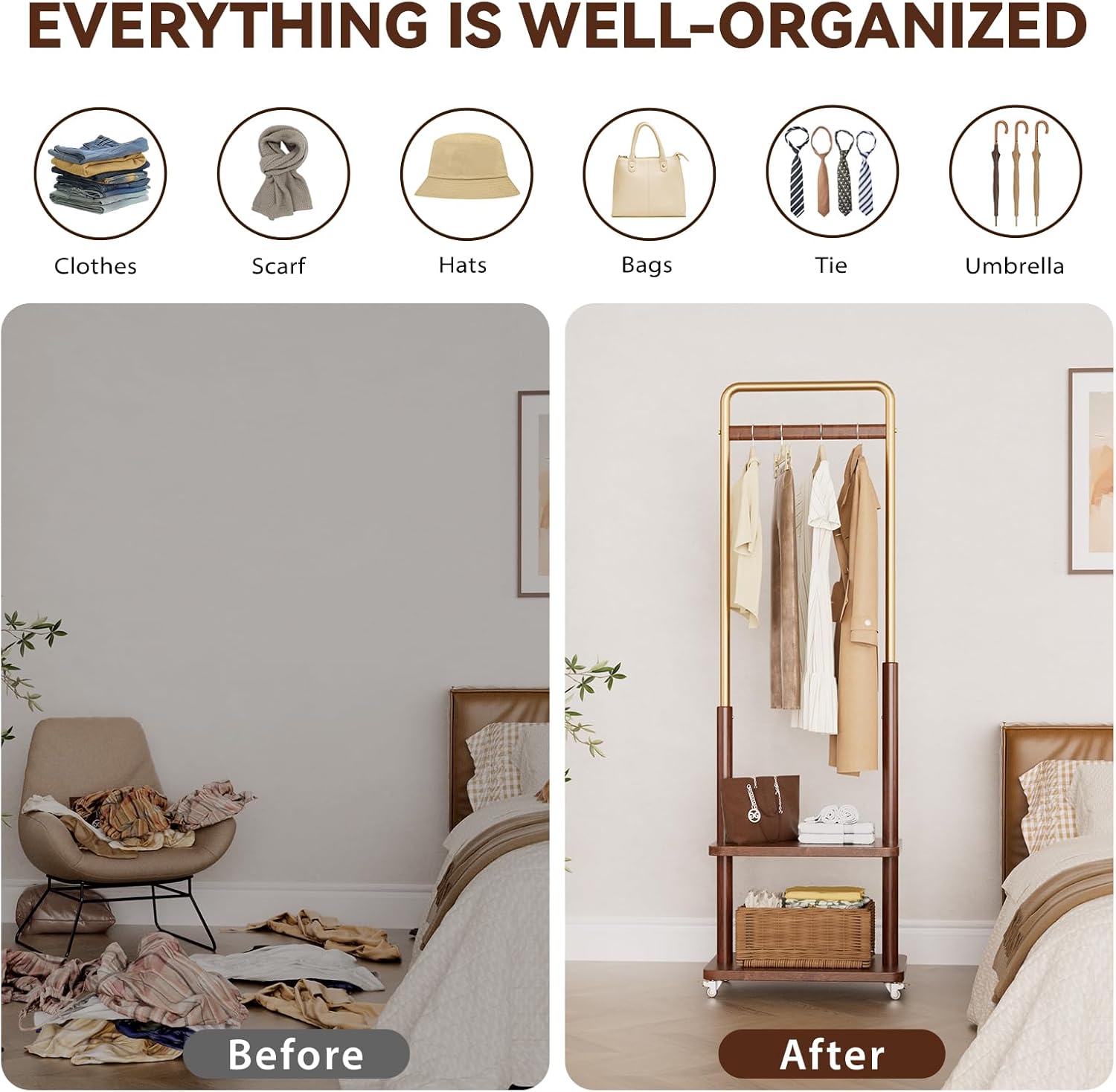 Clothes Rack Solid Wood Coat Rack,With Double Shelf Metal & Wood Clothing Rack Freestanding with Wheels for Hanging Clothes Garment, Entryway Bedroom Storage