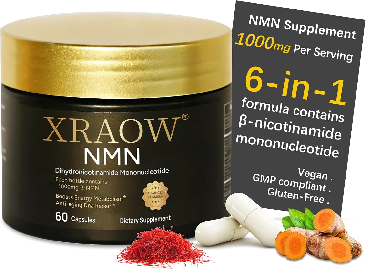 NMN Supplement 1000mg, Resveratrol, CoQ10, Glutathione, Curcumin & Saffron