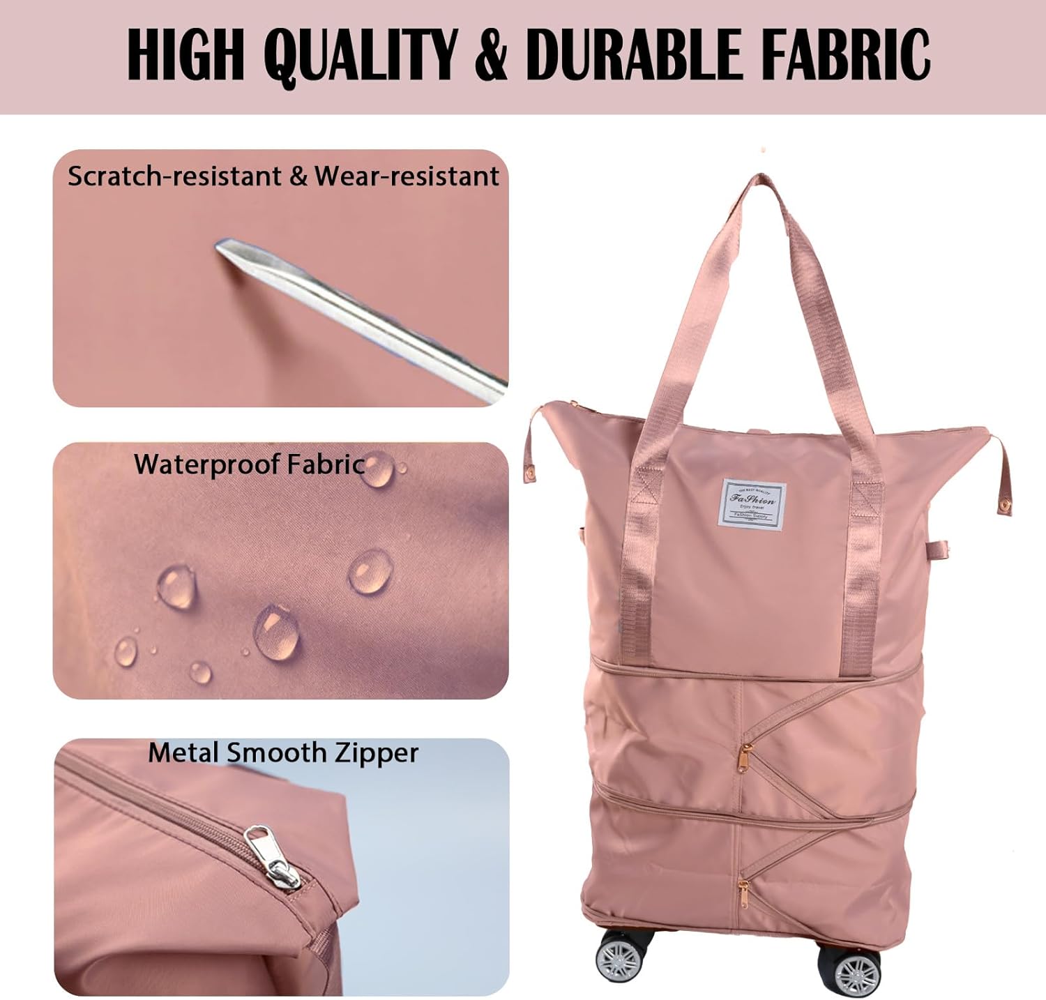 Large Foldable Duffle Bag with Wheels and Handle, Rolling Travel Duffle Bag Water Resistant Luggage, Lightweight Travel Suitcase, Multiple Interior and Exterior Pockets, Pink, 1 Pack - Image 4