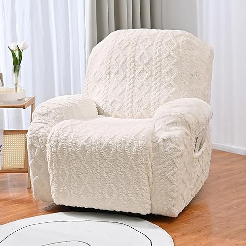 Miniatura 2 de OQHAIR Funda de terciopelo para sillón reclinable grande, 4 piezas, elástica, suave, con bolsillos, protector de muebles, color beige, 1 plaza