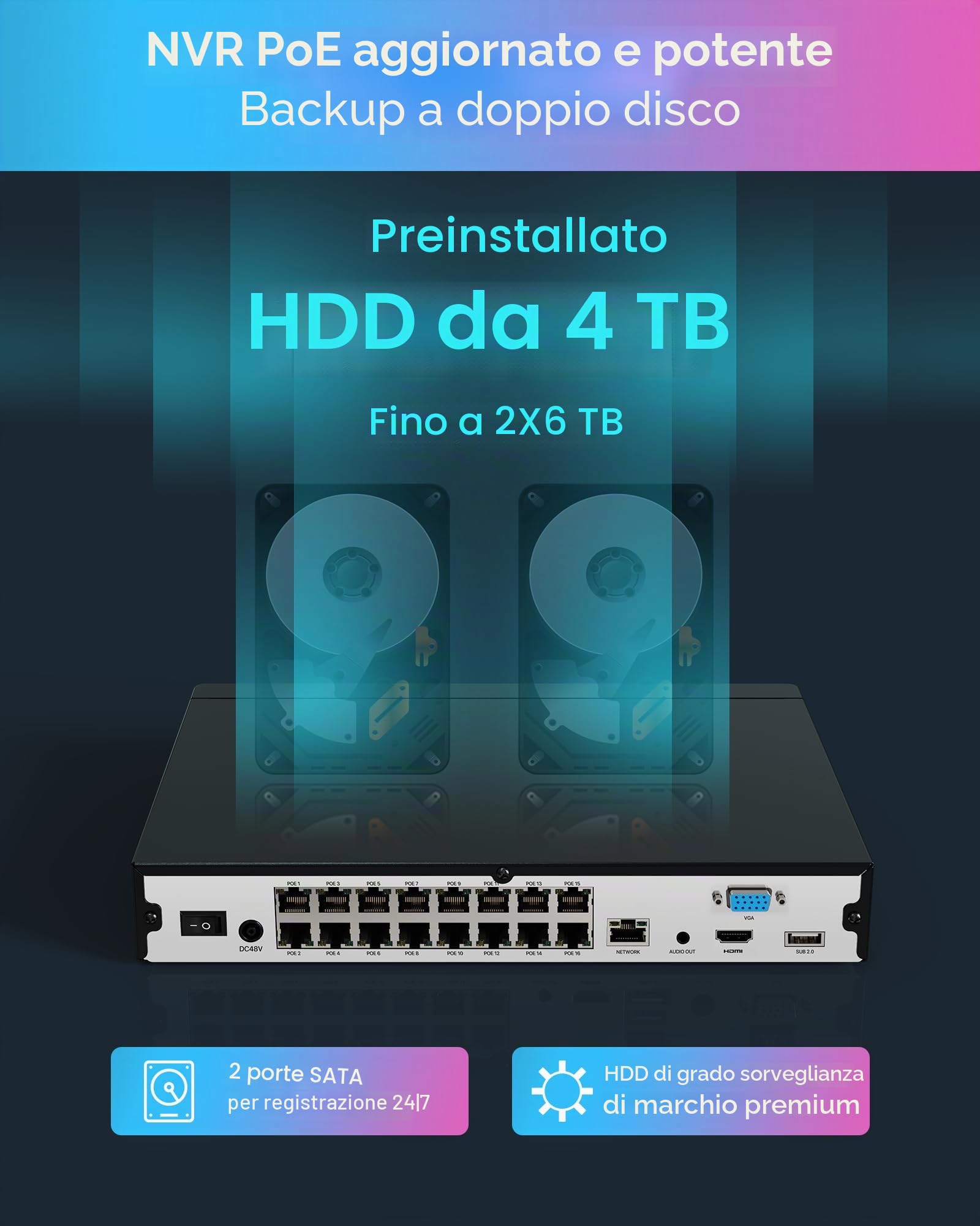 ZOSI 4K Kit Videosorveglianza PoE, 16 Porte 24CH 4K 4TB NVR con 16x 8MP Telecamera PoE, Audio Bidirezionale, Visione Notturna a Colori, Rilevamento AI di Persone/Veicoli, Controllo Remoto, C182
