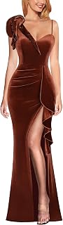 Womens Formal Prom Elegant Ruffle One Shoulder Beaded Strap Ruched Slit Maxi Dress Wedding Evening Long Gown