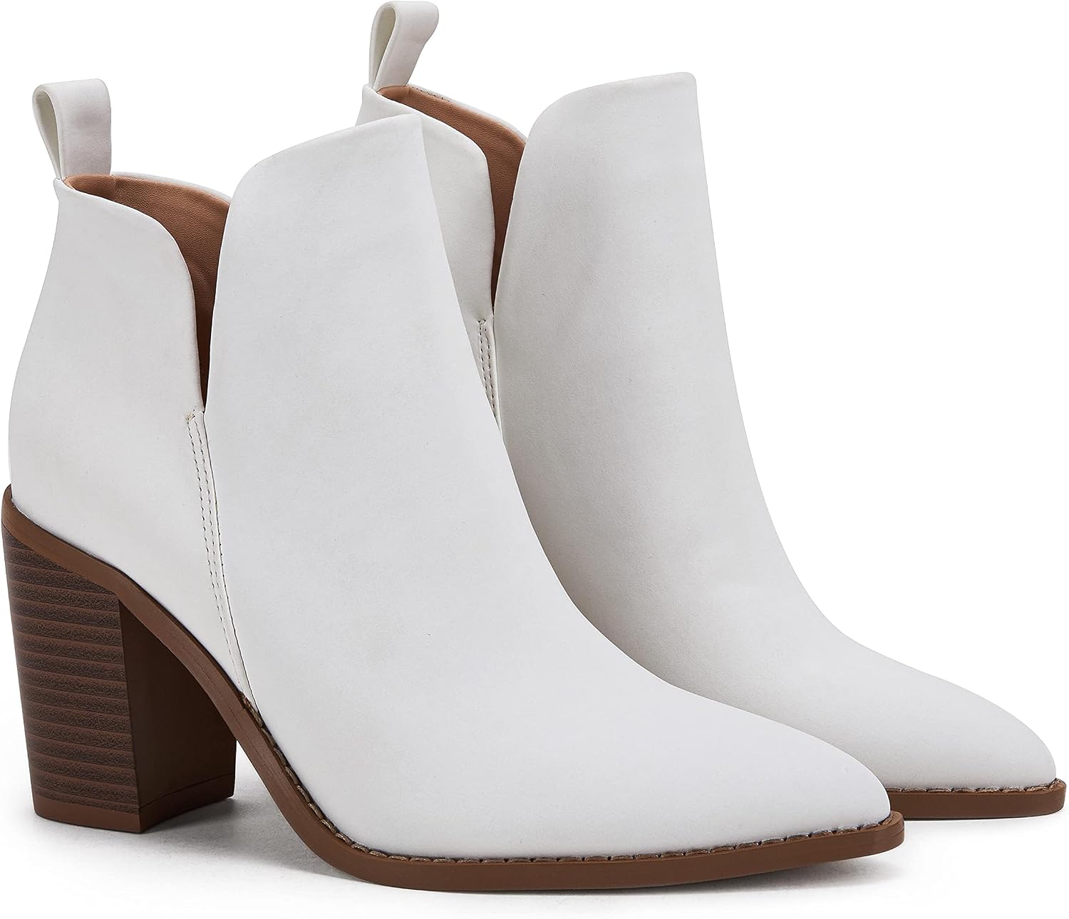 PiePieBuy Women's Side V Cutout Ankle Booties Pointed Toe Chunky Stacked Mid Heel Slip on Western Boots