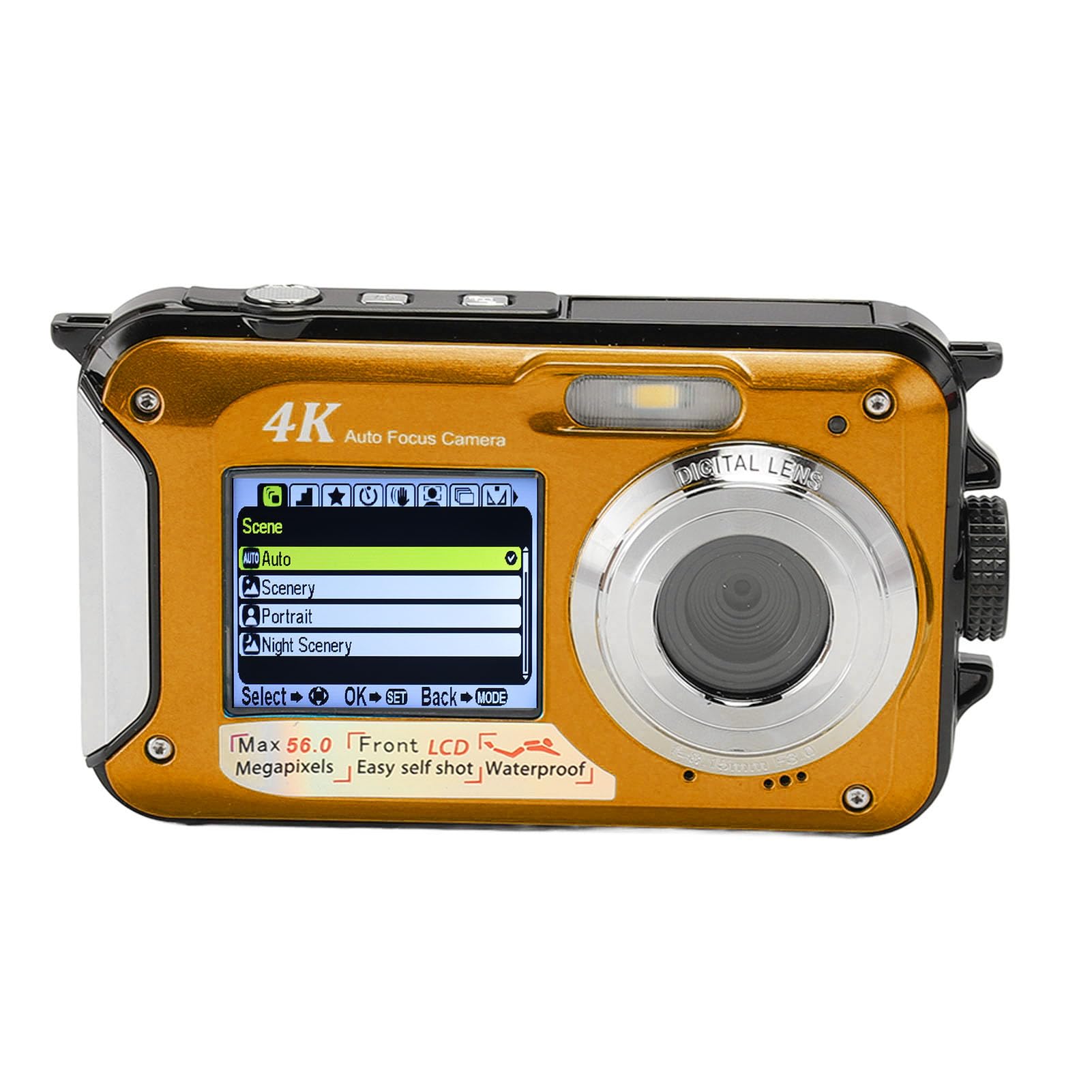 4K Waterproof Camera, 10ft Waterproof Digital Camera with 16X Digital Zoom Auto Focus, 56MP Dual Screen Underwater Cameras for Snorkeling Swimming (Yellow)