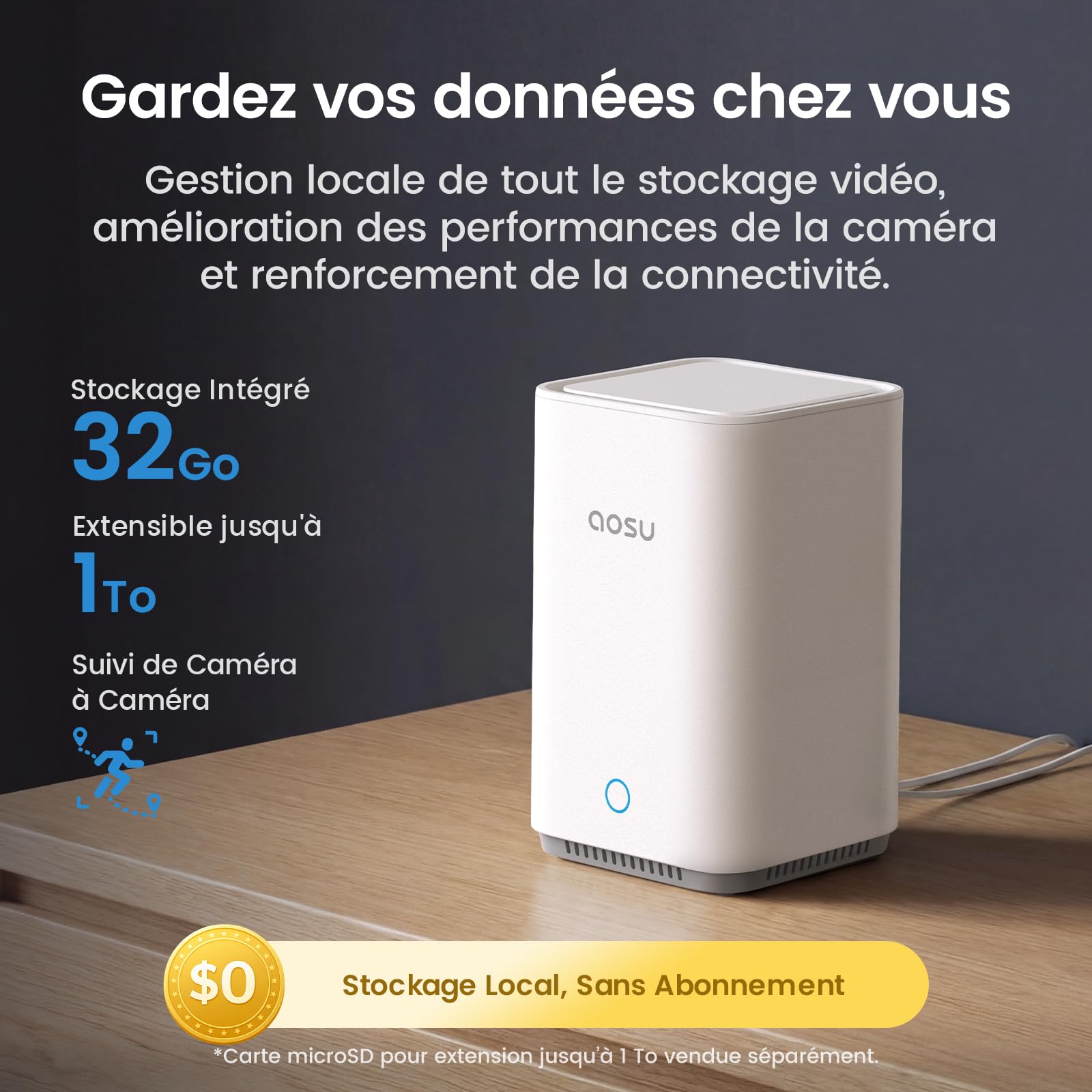 AOSU 4K D1 Max Caméra Surveillance WiFi Extérieure Sans Fil Solaire, 8MP UHD Kit 6 Caméras + aosuBase 2.0, Extensible à 1 to, 360° Pan/Tilt Suivi Automatique Détection PIR + IA Vision Nocturne Couleur