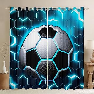 Erosebridal Boys Football Blackout Curtains Soccer Curtains & Drapes,Blue Glowing Honeycomb Curtains 84Wx63L Modern Neon Light Window Drapes,Geometric Buffalo Check Window Treatments for Kids Teens