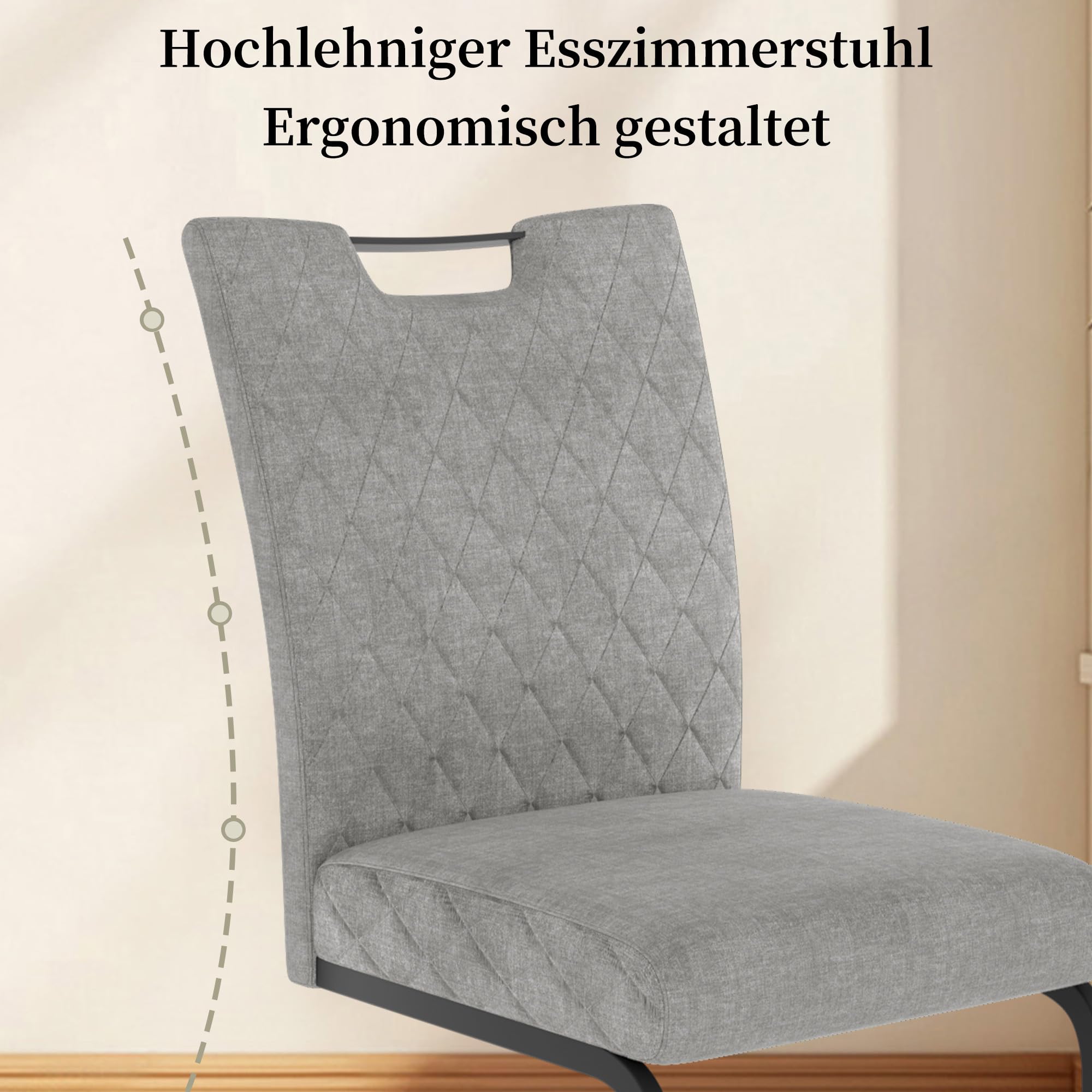 JIEXI Schwingstuhl Esszimmer 4er Set – Freischwinger Polsterstuhl mit extra dickem Sitzkissen, Stoffbezug Grau & gesteppter Rückenlehne, Metallkufen stabil, bis 113 kg (Hellgrau 4 Stühle)