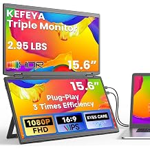 KEFEYA Portable Monitor 15.6", FHD Stacked Foldable Triple Laptop Screen Extender, Blue Filter IPS HDR Monitor, 330 Screen Adjustment, USB-C/HDMI Plug-Play Second Monitor for Mac Windows Work Travel
