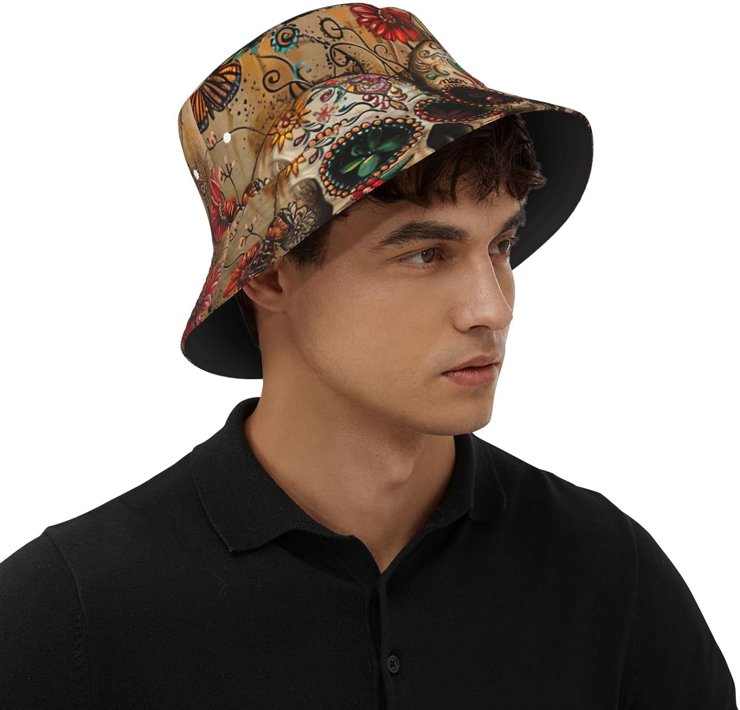 Sugar Skulls Butterfly Print Sun Hat Outdoor Fisherman Cap Summer Bucket Hat Beach for Men Women Black