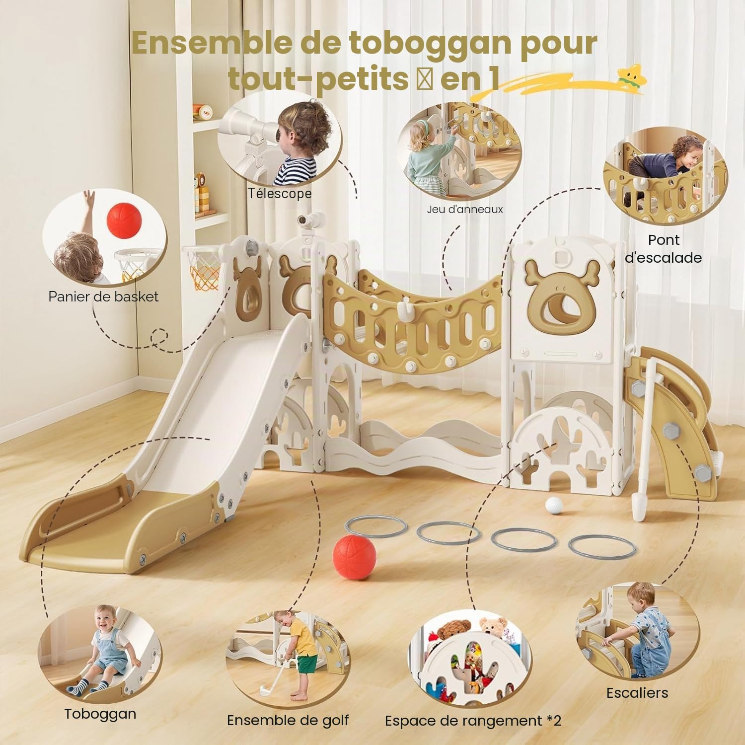 Grand toboggan pour enfant avec panier de basket-ball, cadre d'escalade pour jardin, télescope et espace pour 1 à 3 ans, extra long 1700 mm (modèle Elk Slide Active 7 en 1 (Kaki))