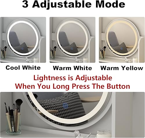 Miniatura 5 de FAMAPY Escritorio de tocador con espejo, luces y cajones para maquillaje, incluye estantes, taburete acolchado para dormitorio, color blanco (31.5