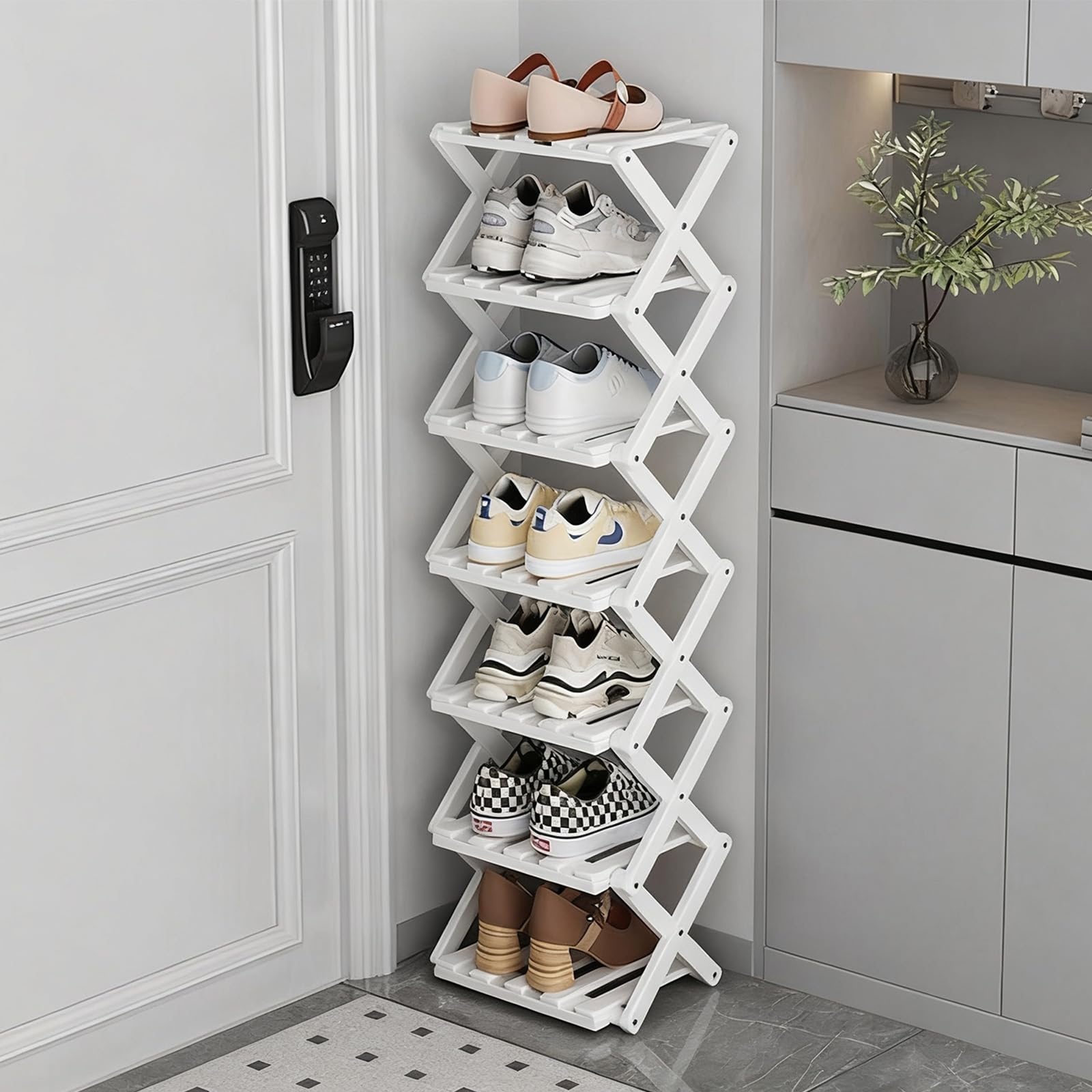 GIRYES Small Shoe Rack White, 7 Tier Bamboo Foldable Shoes Organizer Free Standing Shelf for Entryway, Bedrooms, Closet, Living Room Corner | No Installation Required