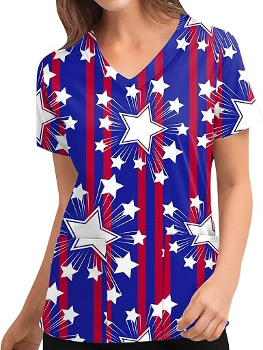 Amazon.com: 4 de julio para mujer, estampado de bandera americana, ropa de  trabajo de manga corta, cuello en V, bolsillos, camisas de uniforme de  trabajo, W07 : Ropa, Zapatos y Joyería