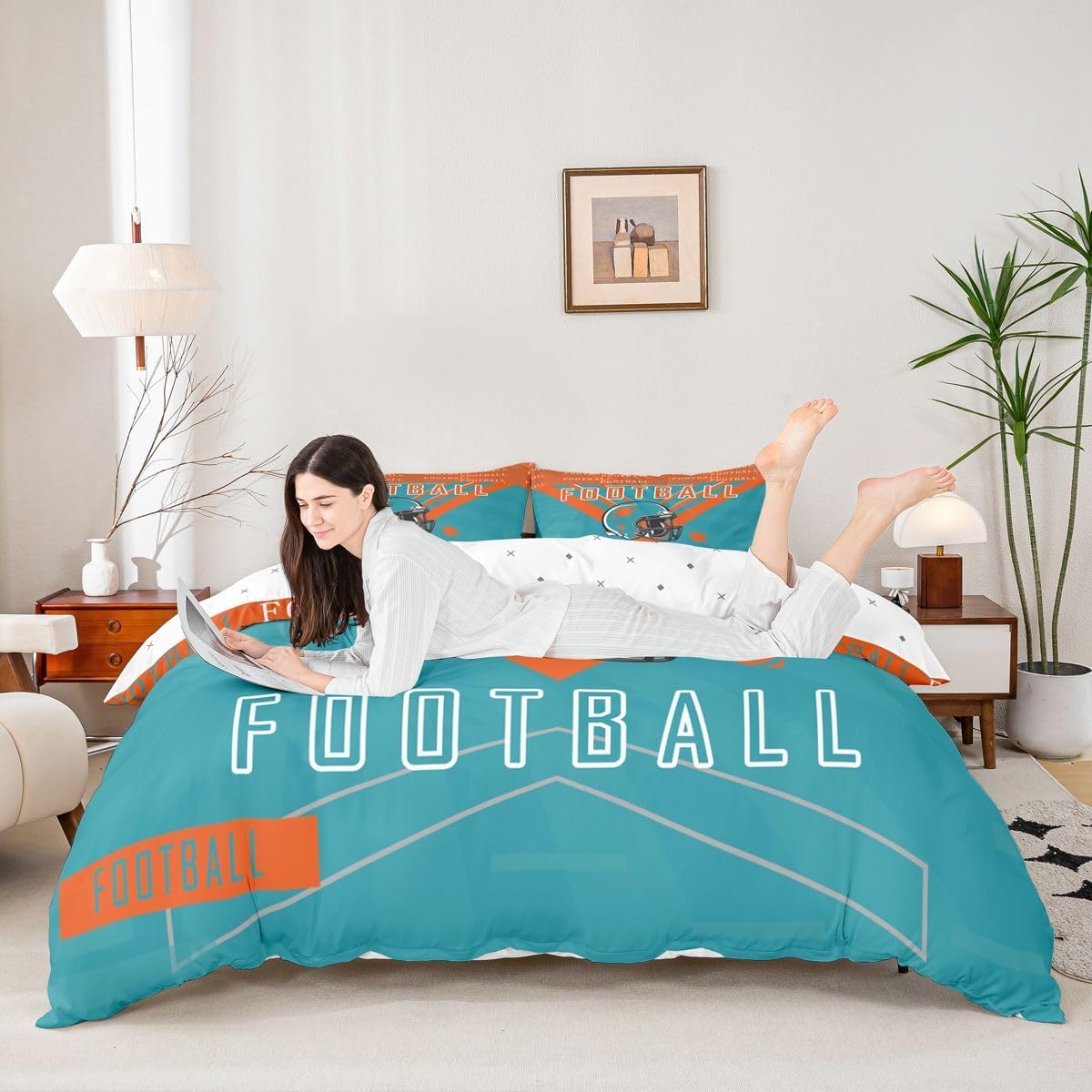 Feelyou Football Duvet Cover Boys Girls Toddler Size Rugby Sports Bedding Set Women Men Football City Comforter Cover Sports Theme Bedclothes Orange Green