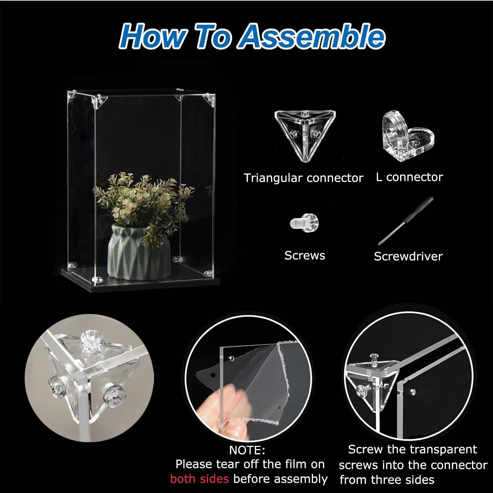 Vitrina de Acrílico Transparente con Base Negra - Caja Expositora a Prueba de Polvo para Figuras de Colección, Juguetes, Modelos y Coches - Montaje Fácil - Protección y Visualización Clara(50x20x25cm)