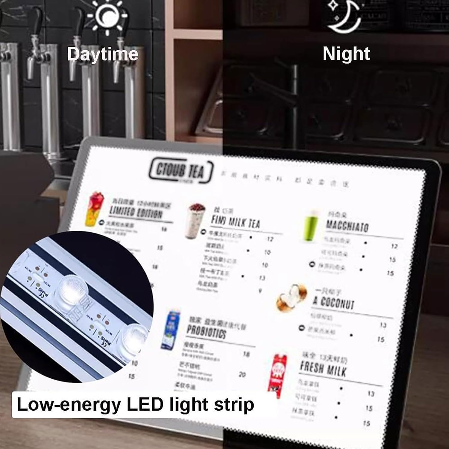 Marco de póster de caja de luz LED, pantalla luminosa para tablero de menú con soporte de metal para publicidad de restaurante, soporte de menú de escritorio, 297 x 420 mm