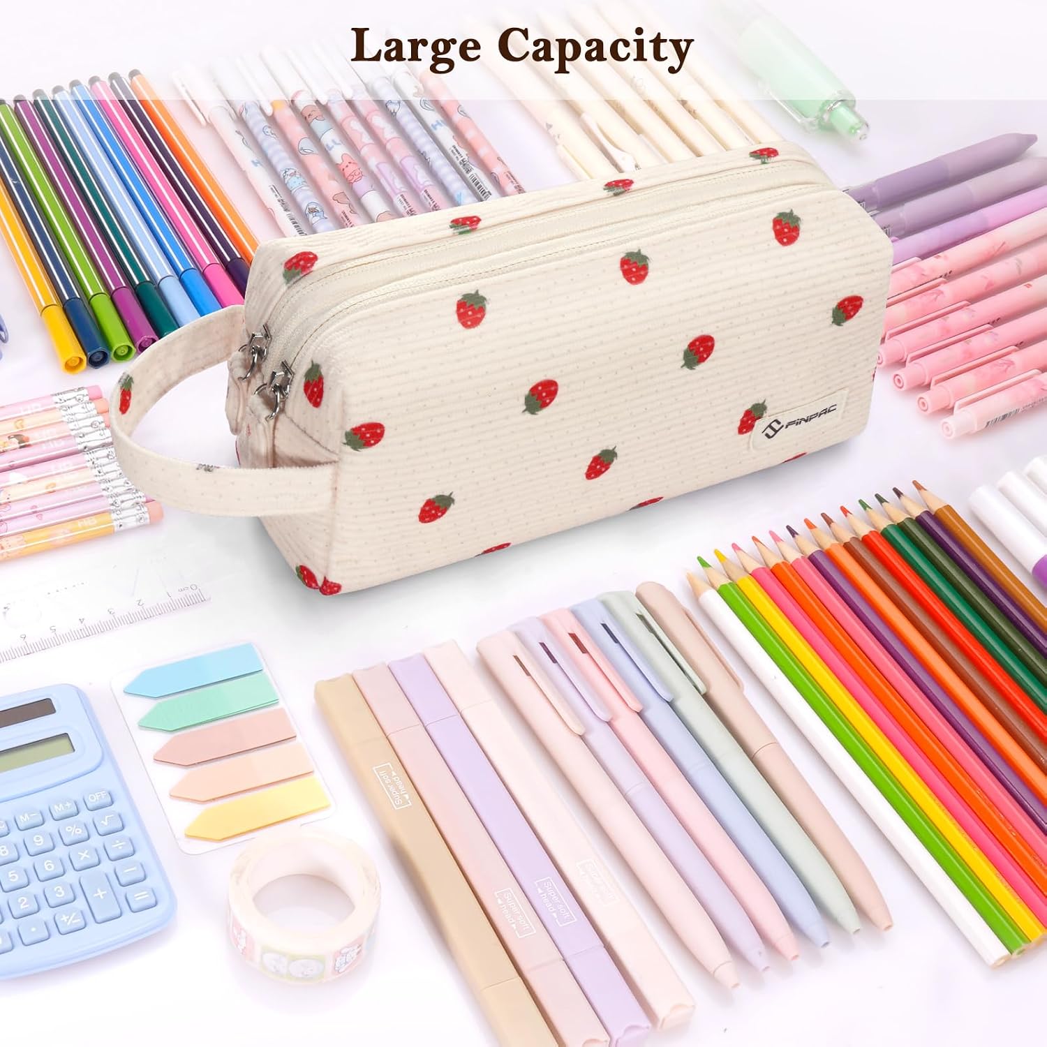 FINPAC Pencil Case, Corduroy Makeup Bag for Women, Kawaii Pen Pouch Holder, Large Storage Box Organizer for Study, Office, or Travel (Strawberry)