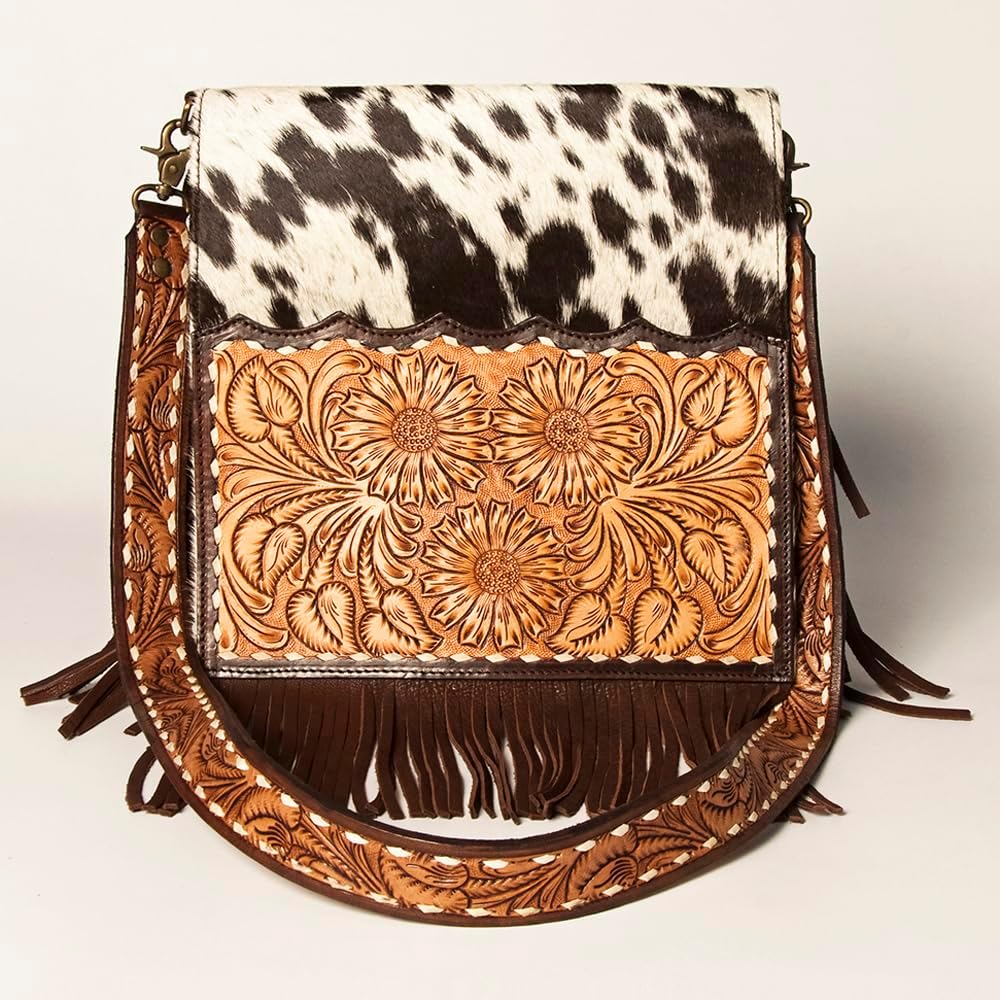 American Darling Messenger Hand Tooled Hair on-Genuine Leather Western Women Bag Handbag Purse | Crossbody for Cute