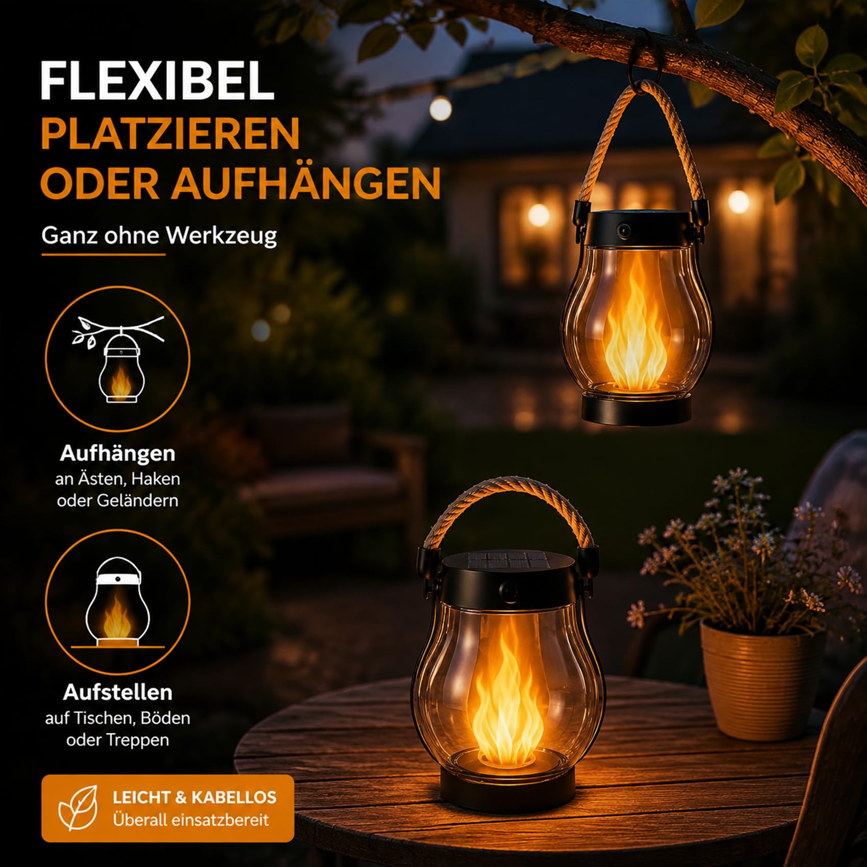 Klynero Solar-Laterne mit Flammeneffekt, 2027 NEU Klynero LED Solar Lantern, Solar- und USB-C-Ladung für AußEn Halloween Dekoration, Ideal für Garten, Balkon und Terrasse (2 Stück)