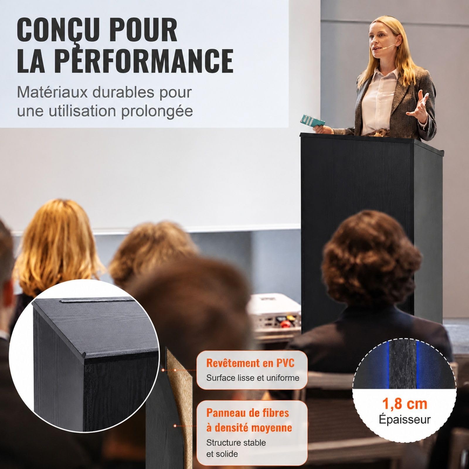 Pupitre de conférence Noir en Bois MDF avec Plateau incliné, étagère de Rangement et 4 roulettes, pour présentation, réception, Bureau, école, église et Restaurant