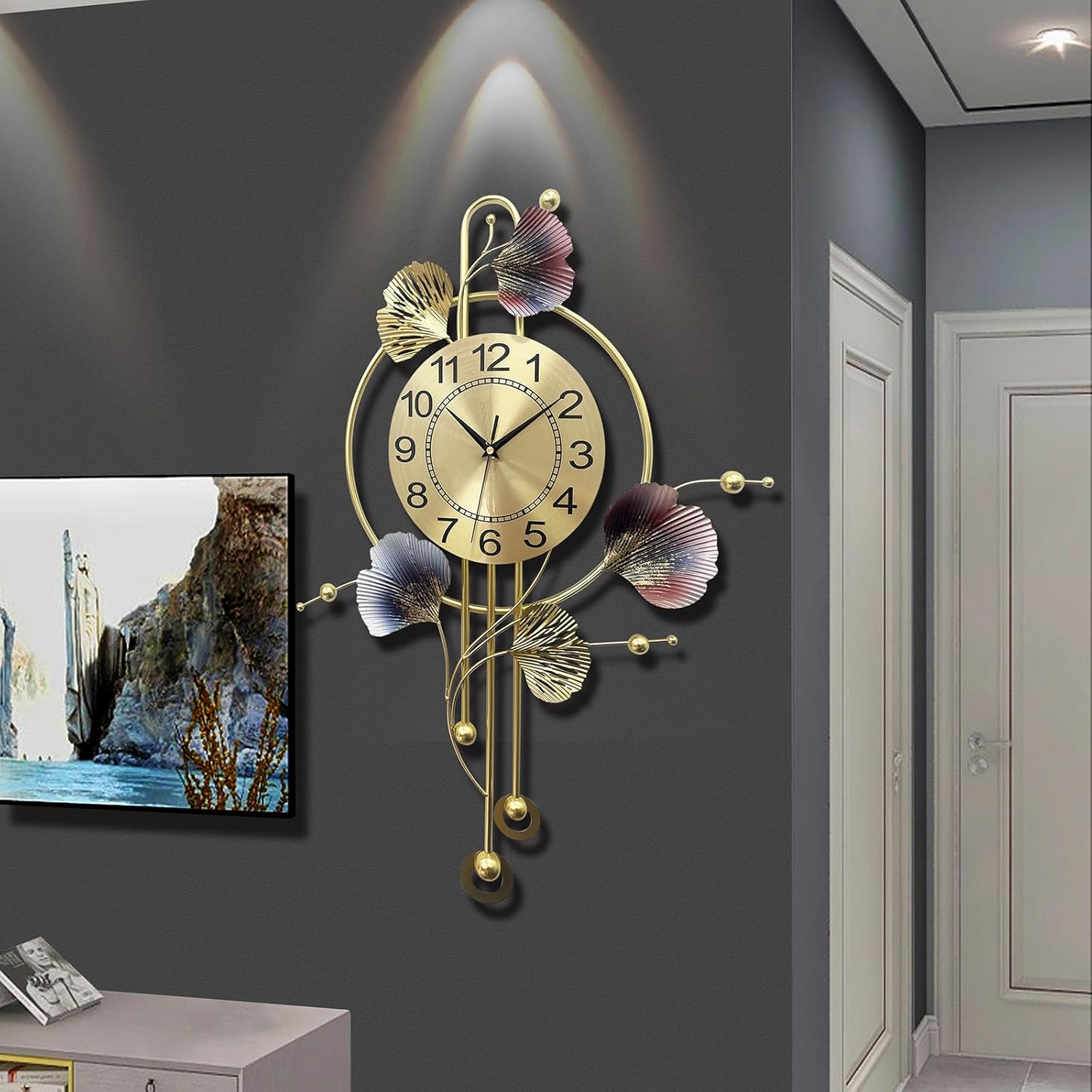 Wall Clocks for Living Room Decor, Unique 3D Metal Iron Ginkgo Leaf Wall Art Decor Clock, Modern Silent Non-Ticking Wall Quartz Clock for Bedroom Corridor Entrance Hotel (Colors, 27.6x20.5 inch)