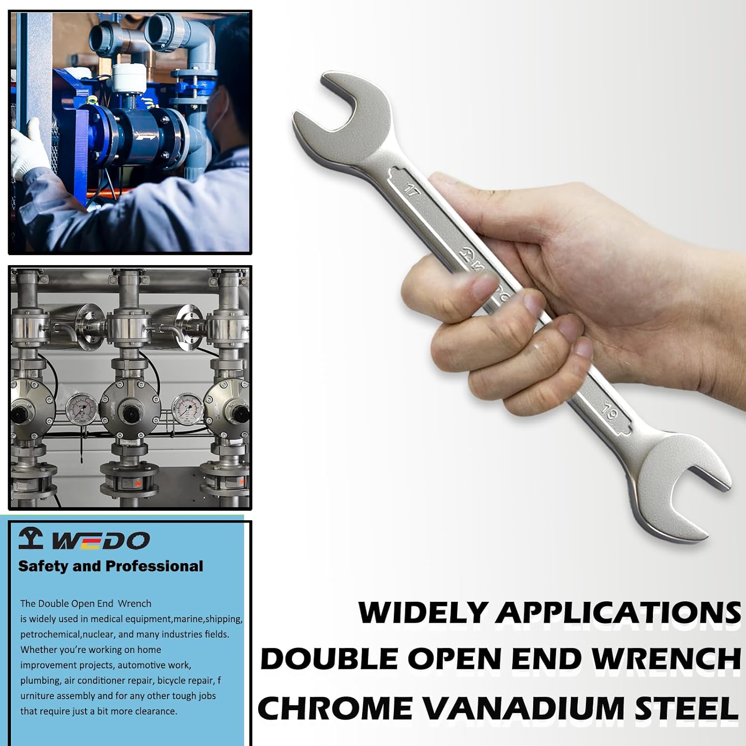 WEDO Double Open End Wrench, Open Ended Spanner, Metric, CR-V, Size 13x16mm,Length 185mm, Die-forged,Anti-Corrosion,High Strength,DIN Standard