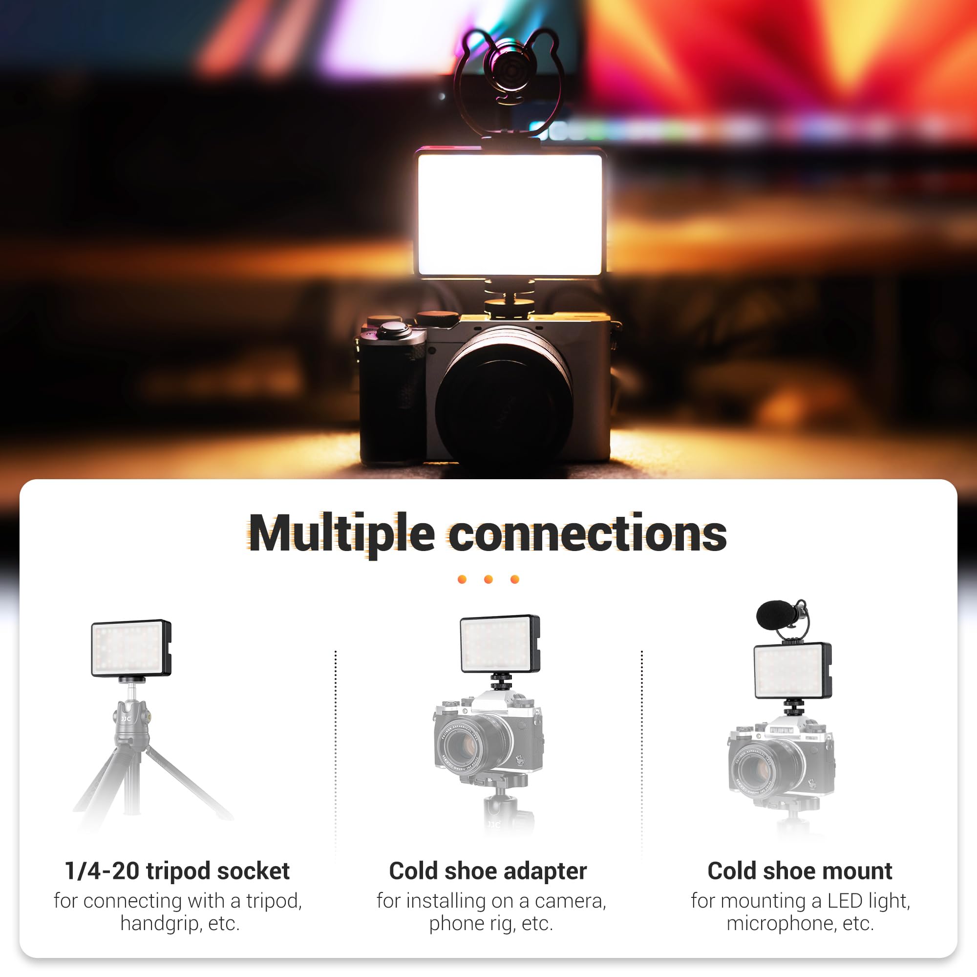 JJC Luce Video RGB Magnetica, Pannello LED Portatile per Sony ZV-E10/ZV-1 II/ZV1F/A6400/A6600/A7C/A7SIII, 2500K-8500K Colori Completi 360°, 24 Effetti, Mini Camera Vlogging Luce 2600mAh Ricaricabile