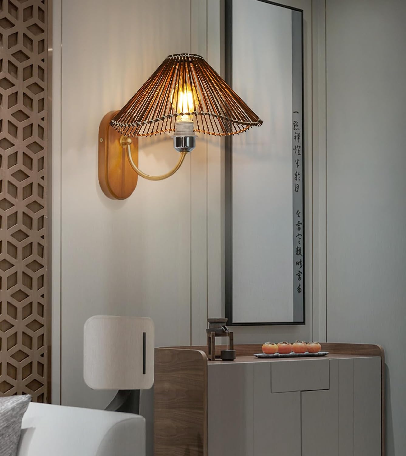 Rattan Spider Lamp Shade, Unique Weave Bamboo Design, Small Replacement Shade for Wall Lamp, Wall Sconces Floor Lamp, Rustic, Modern boho (1, Coffee deep brown)