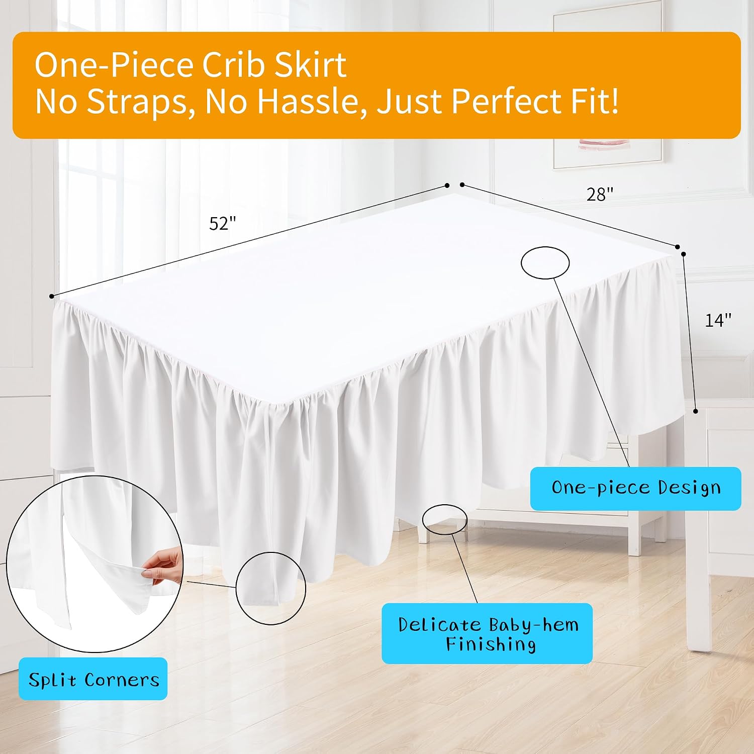 Crib Bed Skirt Dust Ruffle 100% Cotton - Natural, Soft, Breathable for Baby's Delicate Skin, Nursery Toddler Crib Bed Skirt for Baby Boys Girls, Fits Standard Cribs 28" x 52" with 14" Drop