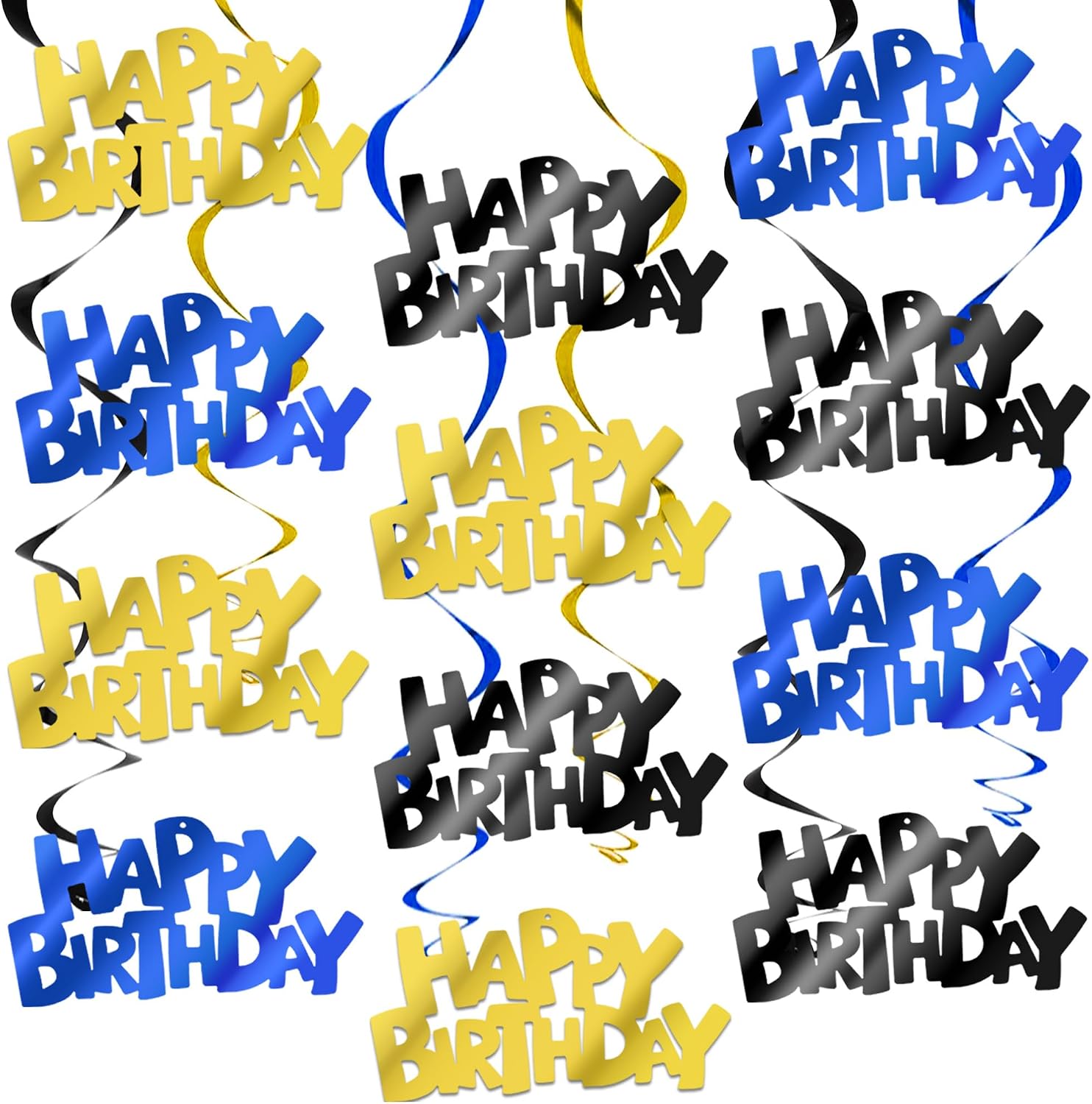 BEISHIDA 12 Pcs Happy Birthday Hanging Swirl Decorations, Men Boys Birthday Party Hanging Decor Supplies (Black, Blue, Gold)