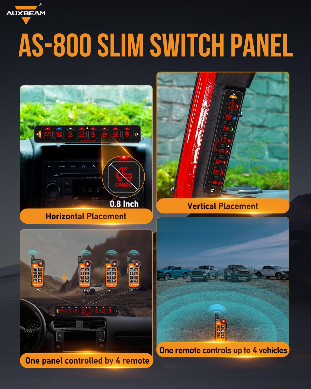 Auxbeam Pannello di commutazione sottile a 8 bande Bluetooth RGB AS-800 con APP e telecomando Toggle Interruttore pulsato momentaneo Pod Off Retroilluminazione per camion fuoristrada UTV ATV Auto