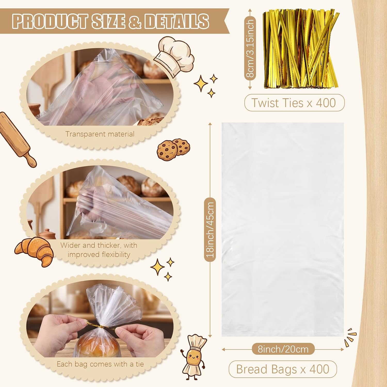 400 Pcs 18 x 8 Inch Bread Bags Bulk with Ties Reusable Clear Plastic Bread Loaf Packing Bags for Homemade Cookies Muffins Bagels Loaf Home Bakers Bakeries Pastries