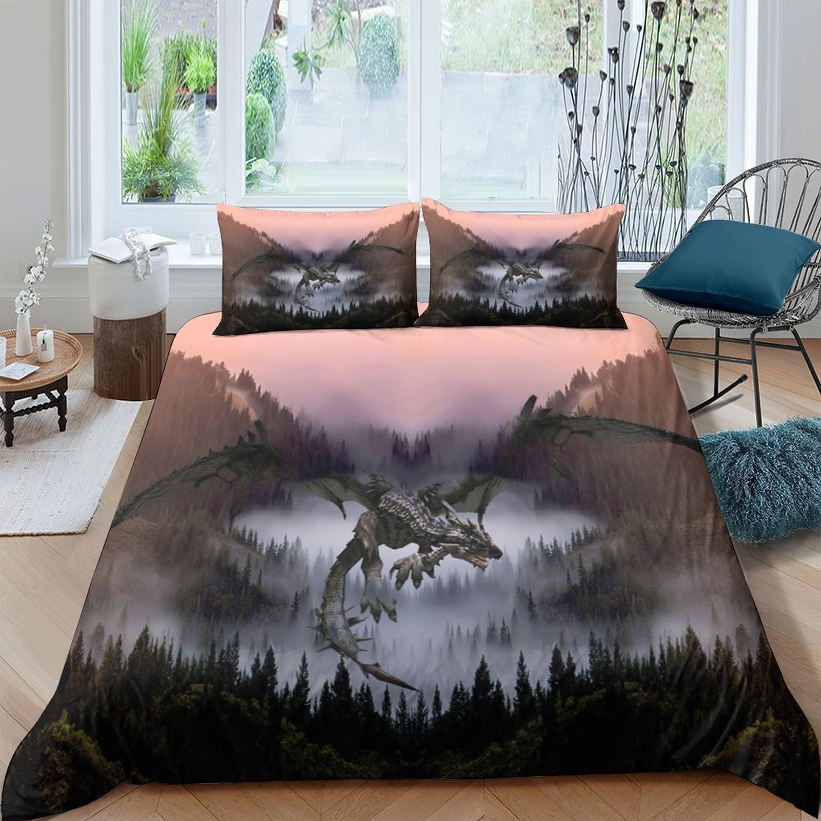 GPLZQXKJNH 3D Printed Dragon Forest Duvet Cover Microfiber Soft Breathable Gothic Fantasy Bedding Set with 2 Pillowcases for Bedroom Decor Single（135x200cm）