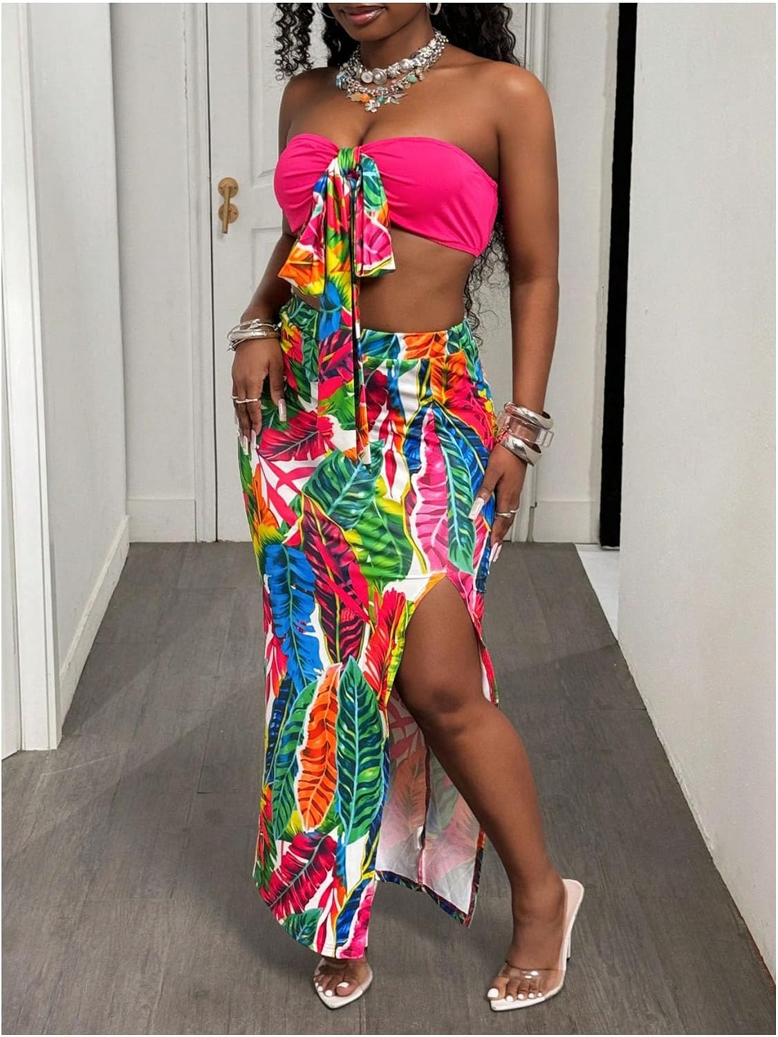 Women's 2 Piece Tropical Print Set Boho Tie Front Crop Tube Top High Slit Maxi Skirt Beach Vacation Outfits