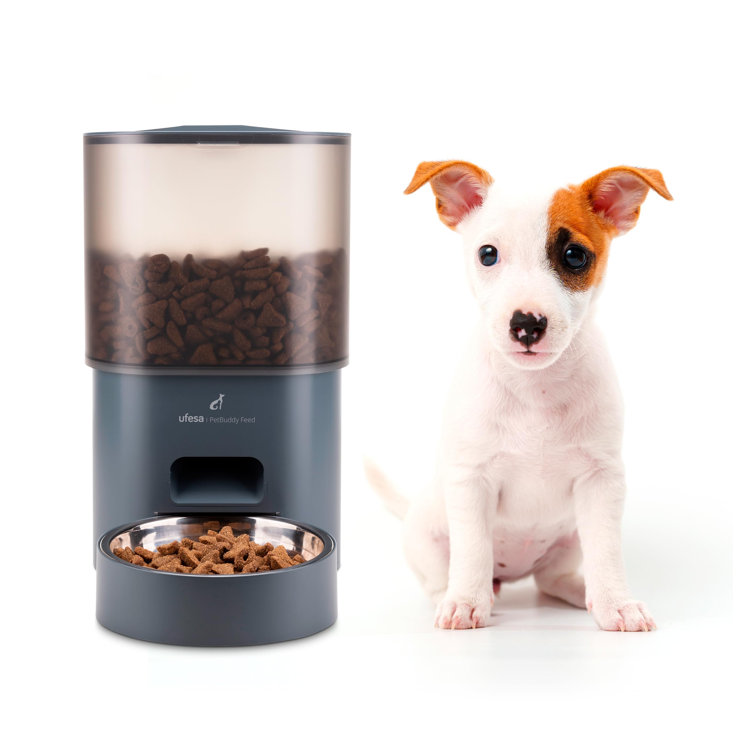 Ufesa Comedero Dispensador Automático para Mascotas 3L, Programable hasta 4 Comidas Diarias, Bol de Acero Inoxidable, Cable USB Antimordeduras, Sistema Antiobstrucción, Cierre Infantil y Alarma Sonora