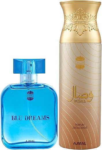 Ajmal Blu Dreams EDP Citurs Fruity Perfume 100ml for Men and Wisal Deodorant Floral Musky Fragrance 200ml for Women+