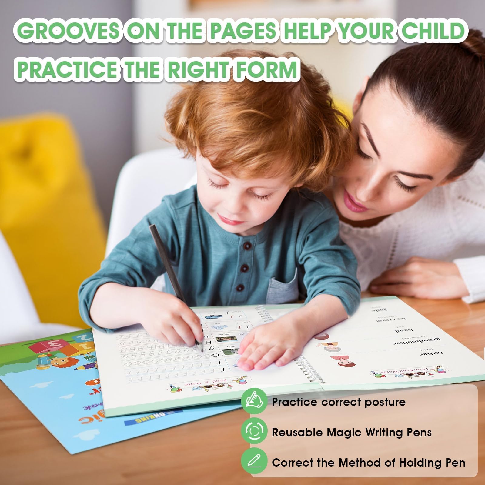 Monking Cuaderno de práctica mágica para niños, libro de práctica de escritura a mano, paquete de 4 con recambio de bolígrafo, caligrafía cursiva en inglés, reutilizable para niños, jardín de