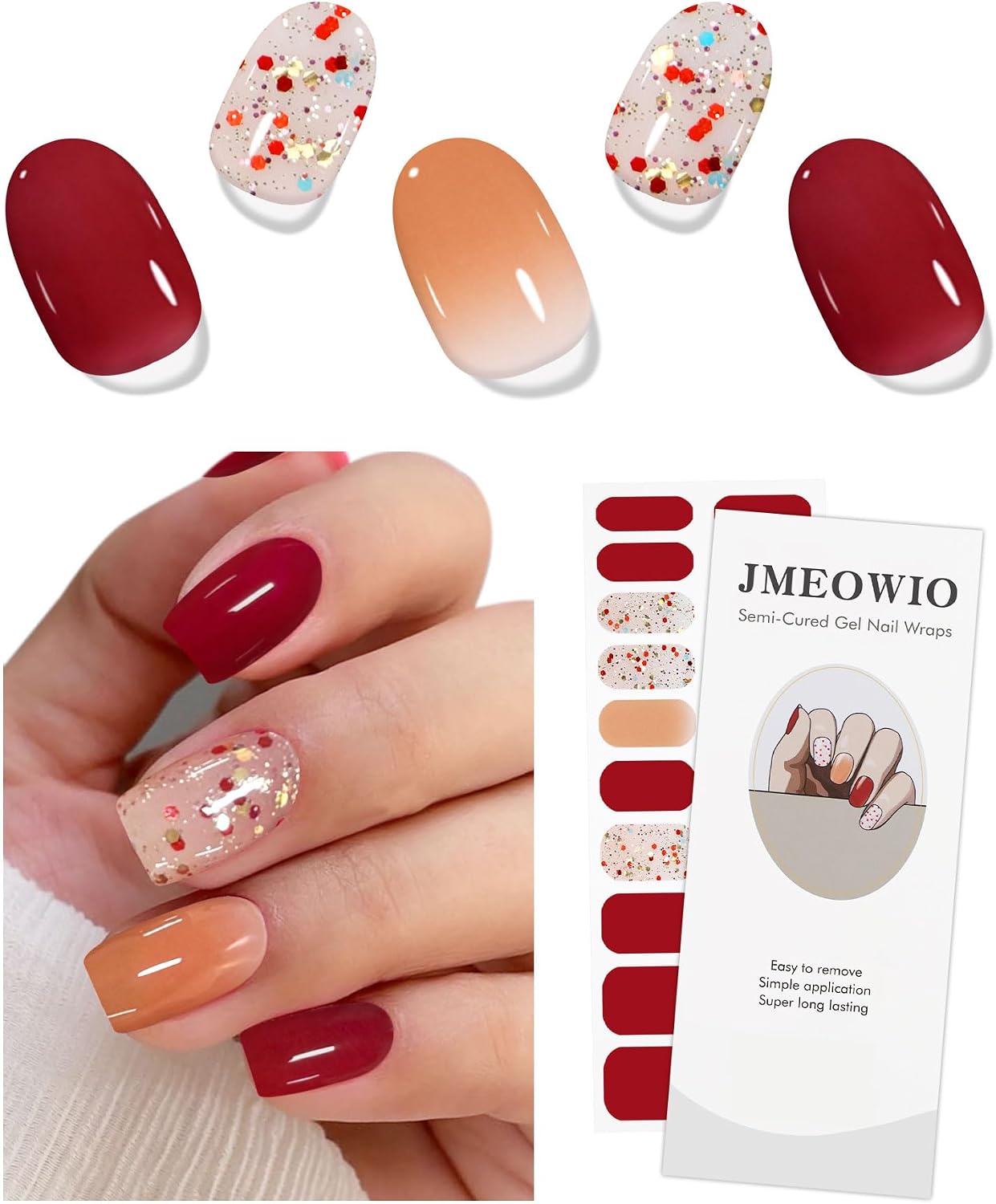 JMEOWIO Semi Cured Gel Nail Strips Glitter Gel Nail Stickers Wraps UV/LED Nails Art Design Decoration Accessories