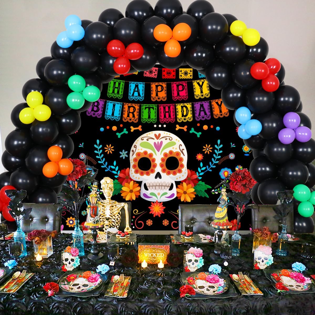 Day of the Dead Birthday Decorations, Dia De Los Muertos Balloon Garland Kit and Happy Birthday Backdrop Balloons for Mexican Festival Party Supplies