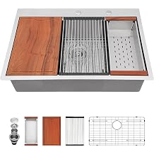 30x22 Drop In Workstation Kitchen Sink - 33 Inch Topmount Kitchen Sinks Stainless Steel 16 Gauge Handmade Single Bowl Ledge Workstation with Cutting Board, LOF-D0230